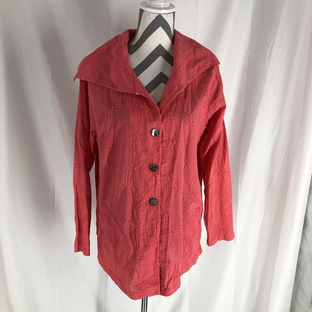 Cottonseed Women's Coral Pink Floral Tunic Standard L 3/4 Sleeve Button-Up Top